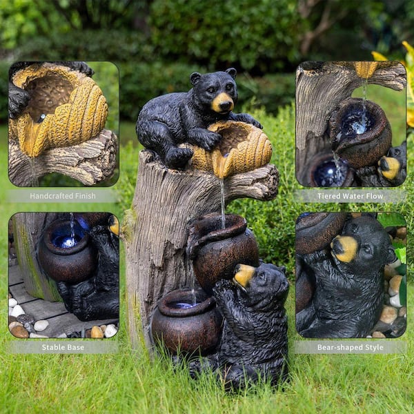 23.6 in. H Bear Resin Tiered Waterfall Water Fountain with LED