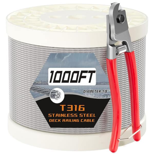 1000 ft. T316 Stainless Steel Cable Railing with Cutter 1/8 Deck Railing Aircraft Wire Rope for Marine 7 x 7 Uncoated