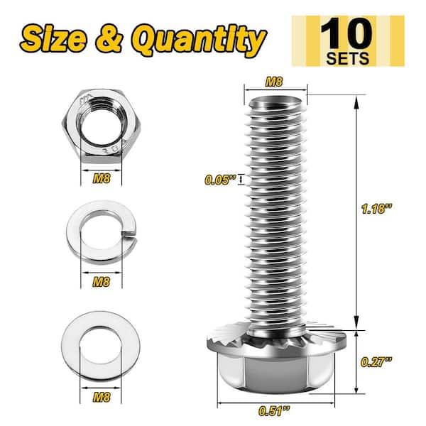 M8 x 30 mm Uncoated Flange Bolt with Nuts and Washers (10-Pack)