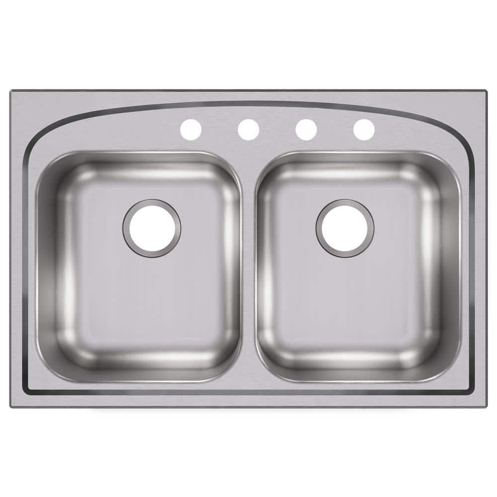 Pergola Drop-In Stainless Steel ** 1 corner has been slightly bent please see pictures **33 in. 4-Hole Double Bowl Kitchen Sink