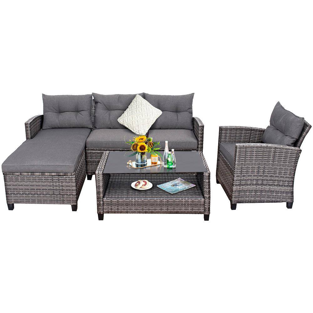 HONEY JOY 4-Piece Wicker Patio Furniture Set Outdoor Rattan Sofa Loveseat Set with Gray Cushions - 2