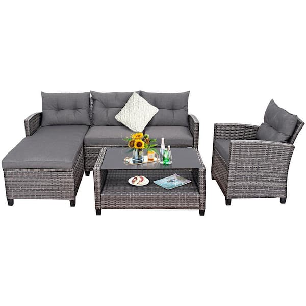 4-Piece Wicker Patio Furniture Set Outdoor Rattan Sofa Loveseat Set with Gray Cushions