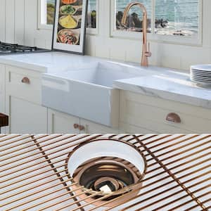 Luxury White Solid Fireclay 26 in. Single Bowl Farmhouse Apron Kitchen Sink with Polished Rose-Gold Accs and Flat Front