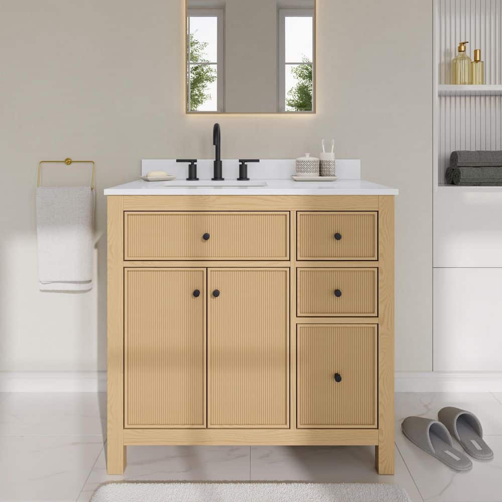 Pendry 36 in. Single Freestanding Tanned Oak Bath Vanity with White Cultured Marble Top Assembled price history on PriceWatchPro