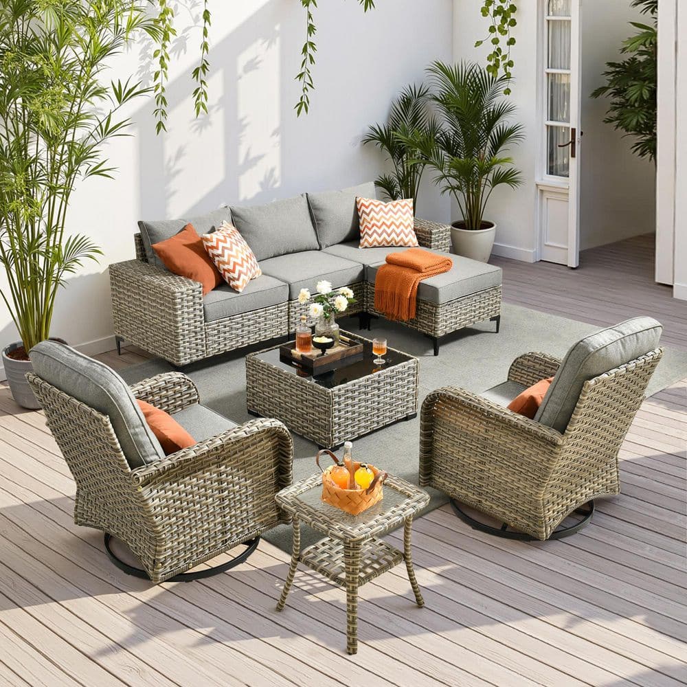 8-Piece Gray Wicker Outdoor Patio Conversation Seating Sofa Set with Dark Gray Cushion and Swivels Chair for Backyard