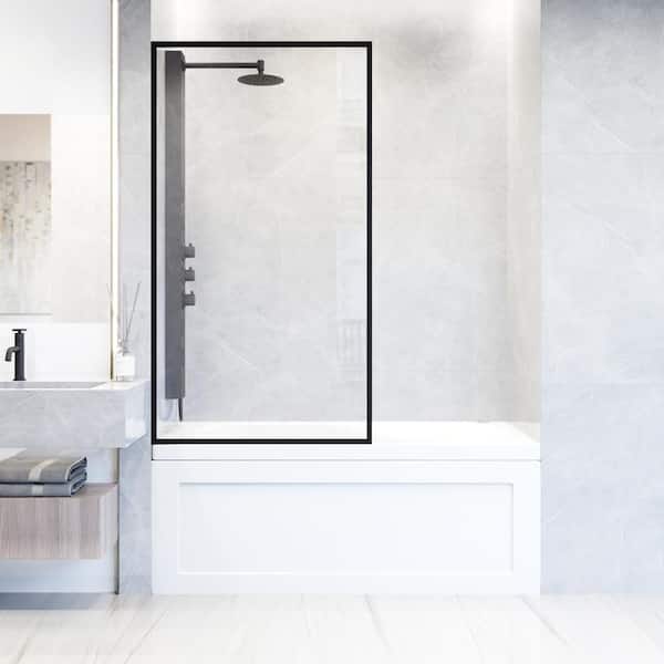 VIGO Meridian 34 in. W x 62 in. H Framed Fixed Tub Screen Door in Matte Black with 3/8 in. (10mm) Clear Glass