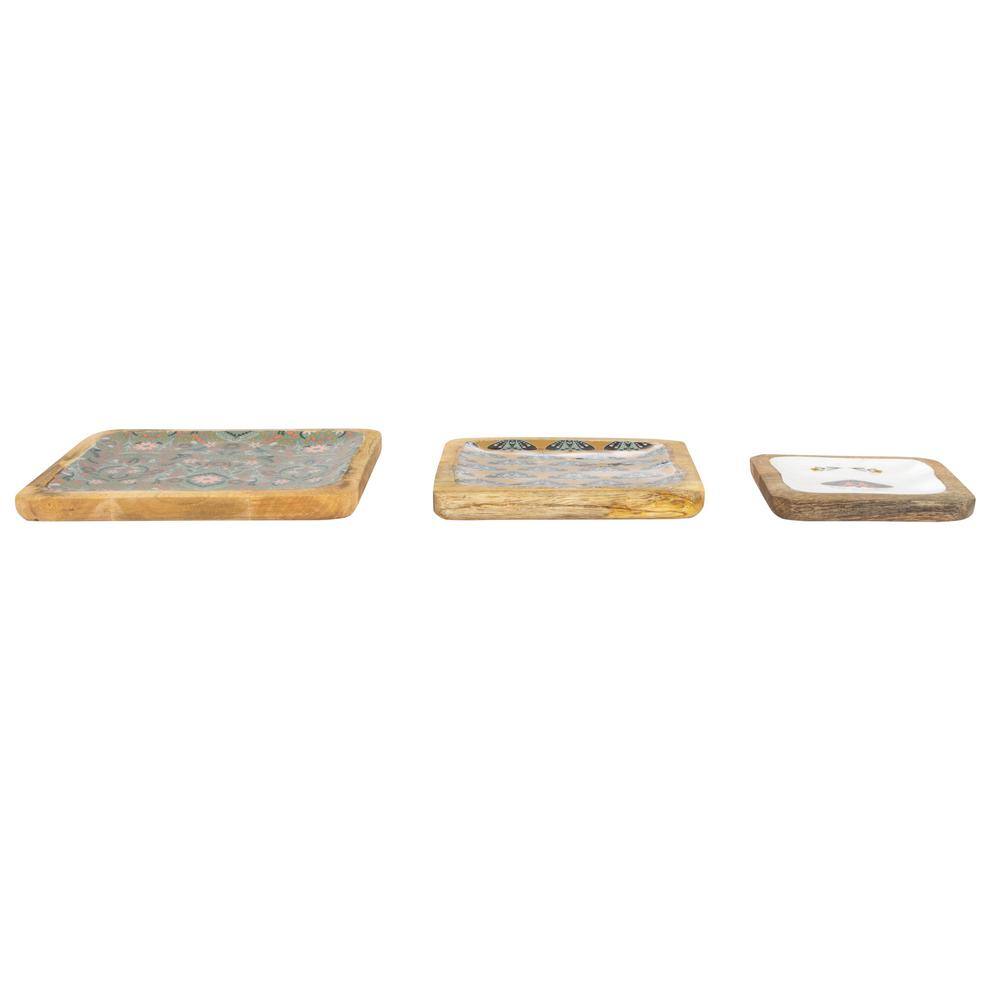 Multicolor Enameled Wood Trays with Moths and Florals, Set of 3