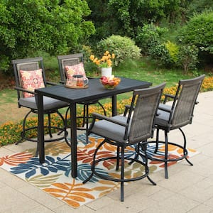 5-Piece Metal Bar Height Outdoor Bistro Set with Rectangle Metal Table and Rattan Bistro Chairs with Gray Cushion