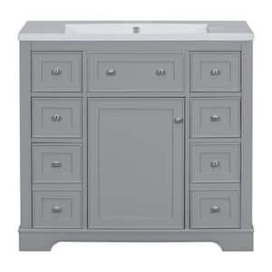 36 in. W x 18 in. D x 34.5 in. H Single Sink Bath Vanity in Gray with White Ceramic Top, 6-Drawers and 1-Door