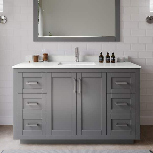Wyndham Collection Miranda 54 in. W x 22 in. D x 33.75 in. H Single Bath Vanity in Dark Gray with White Quartz Top and 46 in. Mirror