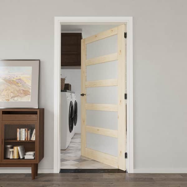 36 in. x 80 in. Unfinished Solid Core Pine Wood 5-Lite Tempered Frosted Glass Interior Door Slab