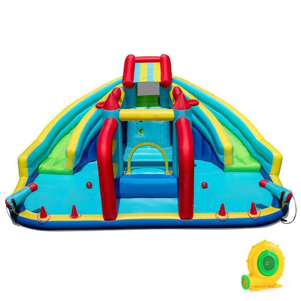 Inflatable Double Water Slide Park Bounce House Giant Bouncy Castle w/ Obstacle Course 680W Blower Included