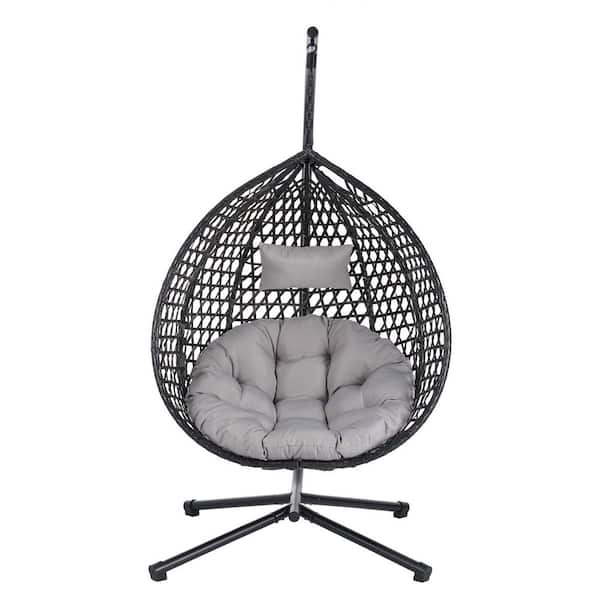 Black Metal Patio Swing with Grey Cushions