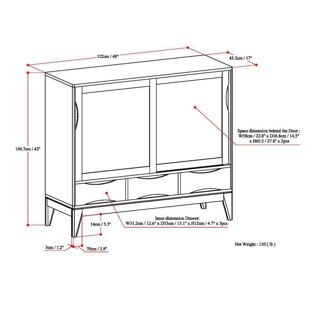 Simpli Home Harper 48"W Solid Wood 2-Shelf Contemporary Medium Storage Cabinet with 3 Drawers