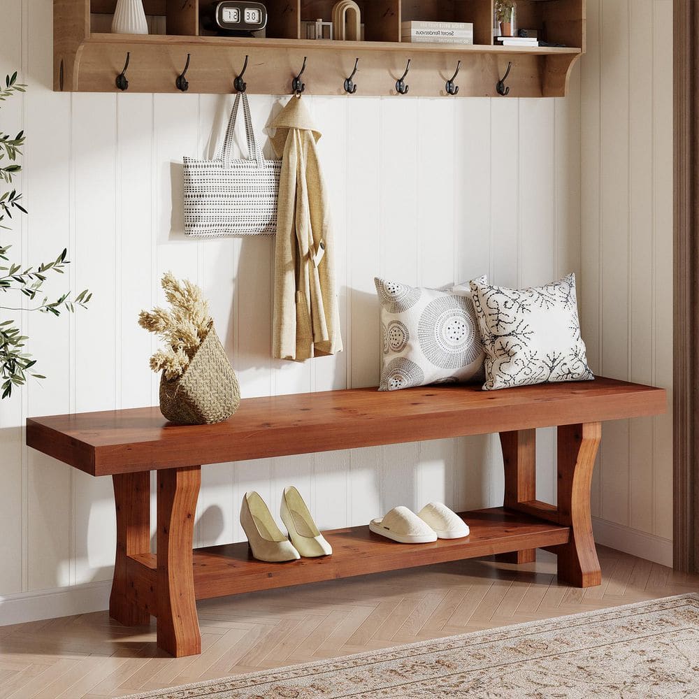 Penvilk 55.1 in. Red Brown Solid Wood Entryway Bench Backless with Sturdy Legs
