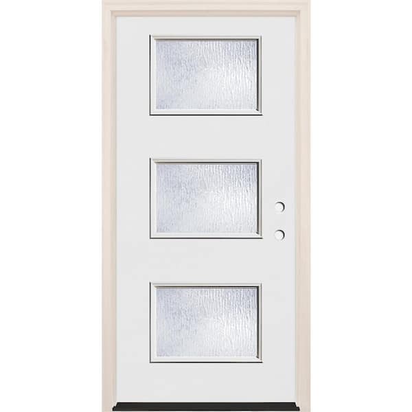 Builders Choice 36 in. x 80 in. Left-Hand/Inswing 3 Lite Rain Glass Unfinished Fiberglass Prehung Front Door with 4-9/16 in. Frame