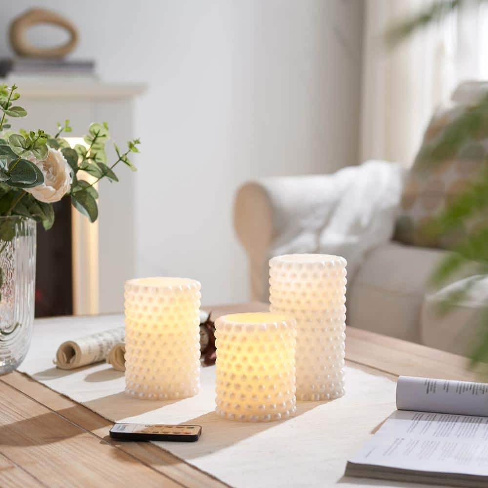 White Pearls Wax LED Pillar Candle Trio