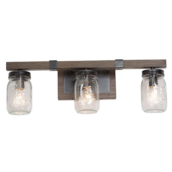 Modern Farmhouse Rust Black 3-Light Bathroom Vanity Light with Textured Faux Wood Accent and Mason Jar Glass Shades