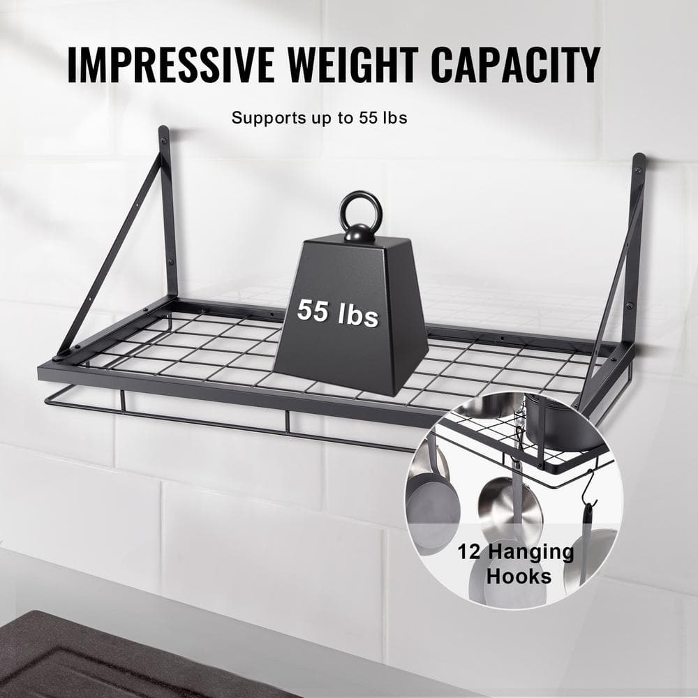 Black 24-Inch Wall-Mounted Metal Pot Rack with 12 Hooks