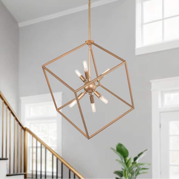 LNC Modern Gold Chandelier with Square Cage 6-Light Geometric Island Pendant with Sputnik Candlestick for Living Room Foyer