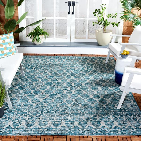 Courtyard Teal/Gray 7 ft. x 10 ft. Distressed Border Trellis Indoor/Outdoor Area Rug