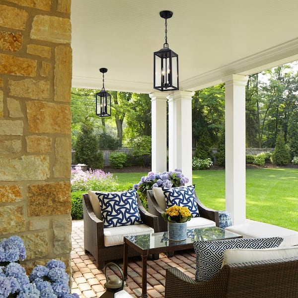 Transitional 15.43 in. 2-Light Black Outdoor Metal Pendant Light with Clear Glass Shade
