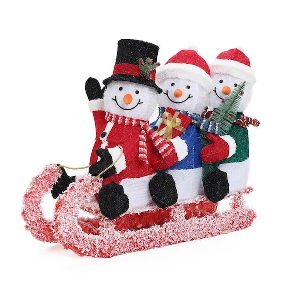 29 in. Lighted Snowman Family on Sled in Winter Coats, Outdoor Christmas Yard Decoration