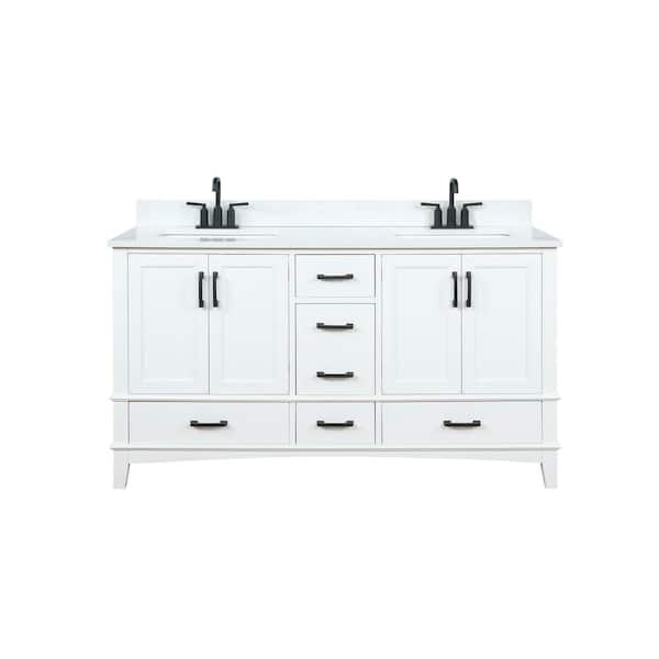 Runfine Emily 60 in. W x 22 in. D x 34 in. H Bath Vanity in White with Carrara Engineered Stone Top with White Basin