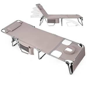 1-Piece Metal Outdoor Chaise Lounge Chair with Arm Hole and Face Hole, Beige