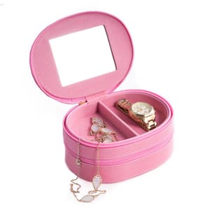 Pink "Lizard" Leather 2-Level Jewelry Case with Mirror Zipper Closures and Soft Velour Lined