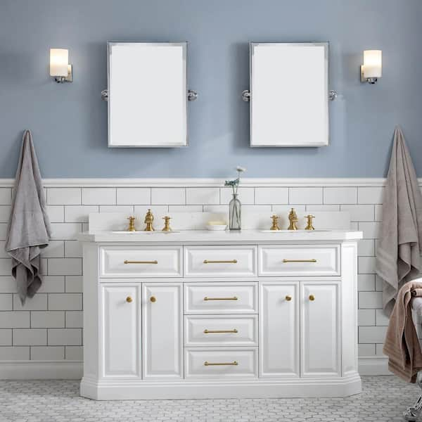 Palace 60 in. W x 22 in. D x 34 in. H Double Sink Bath Vanity in Pure White with Carrara White Quartz Top