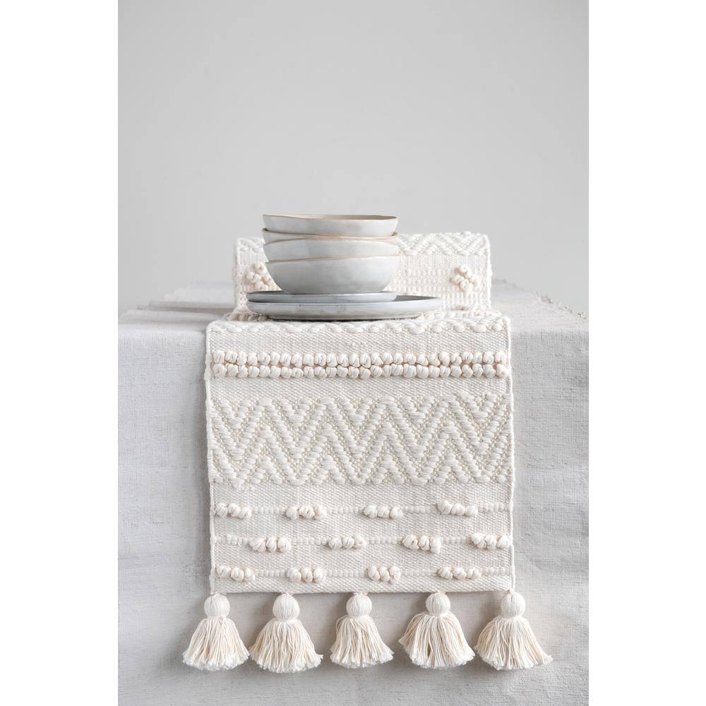 Cream Woven Cotton Table Runner with Pom Poms and Tassels