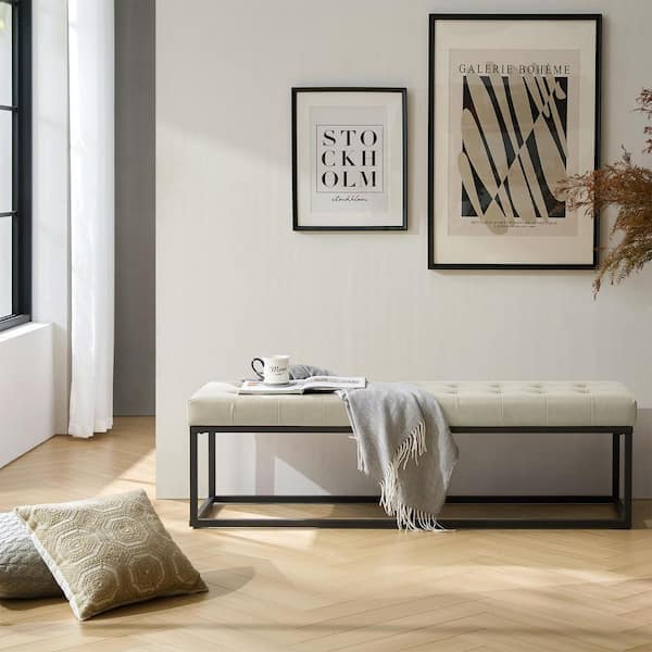 JAYDEN CREATION Rebeca Beige Mid-century Modern Vegan Leather Bench with Metal Base