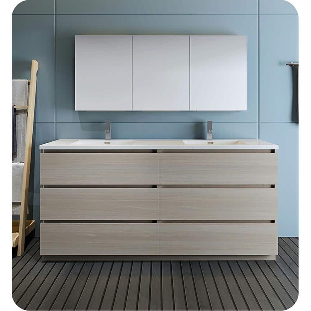 Gray Wood 72" Freestanding Double Sink Bathroom Vanity with Acrylic Top