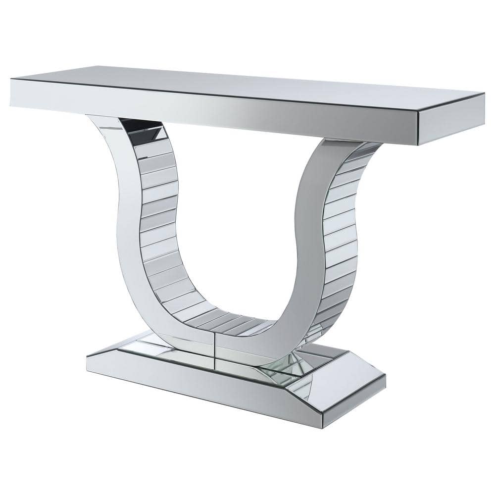 Sleek Silver U-Shaped Metal and Glass Console Table with Mirror Finish