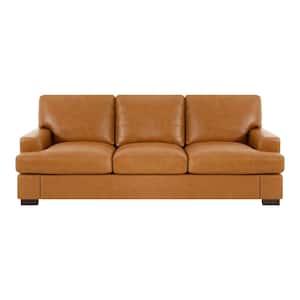 85 in. Wide Square Arm Genuine Leather Mid-Century Modern Rectangle Sofa in. Tan Brown