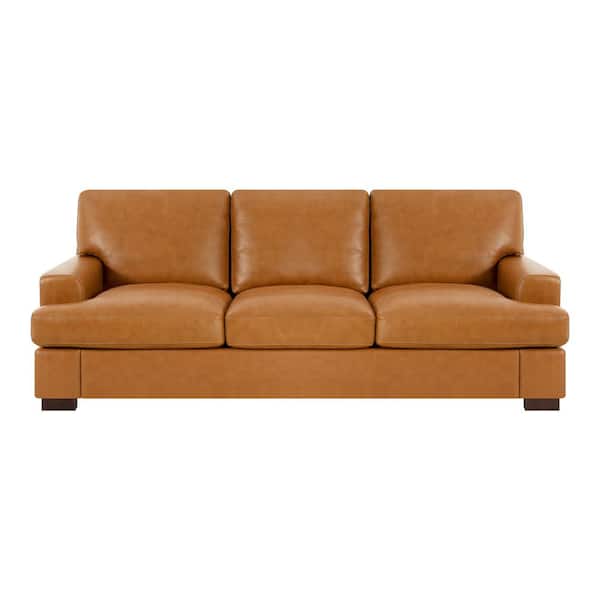 HOMESTOCK 85 in. Wide Square Arm Genuine Leather Mid-Century Modern Rectangle Sofa in. Tan Brown