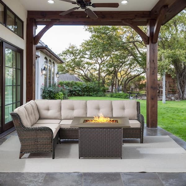 Brown 2-Piece Wicker Patio Fire Pit Set, Outdoor 6-Seater Sectional Seating Set with Olefin Beige Cushions