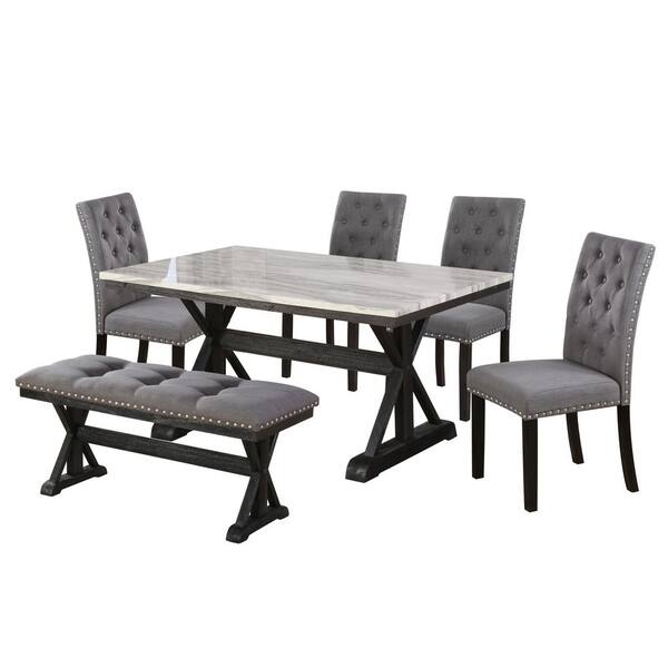 Best Quality Furniture Gema 6Piece Faux Marble Dining Set Gray Fabric
