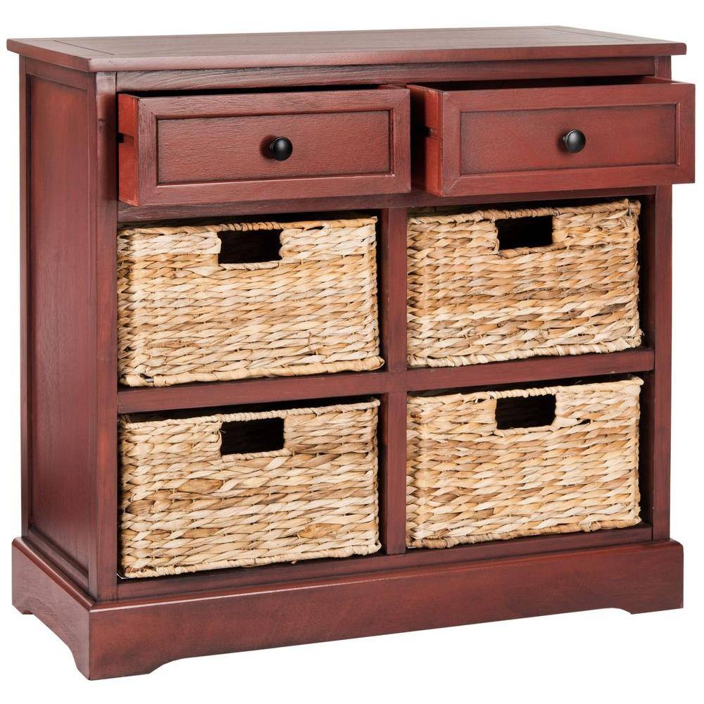 Transitional Red Pine 30'' Storage Unit with Wicker Baskets