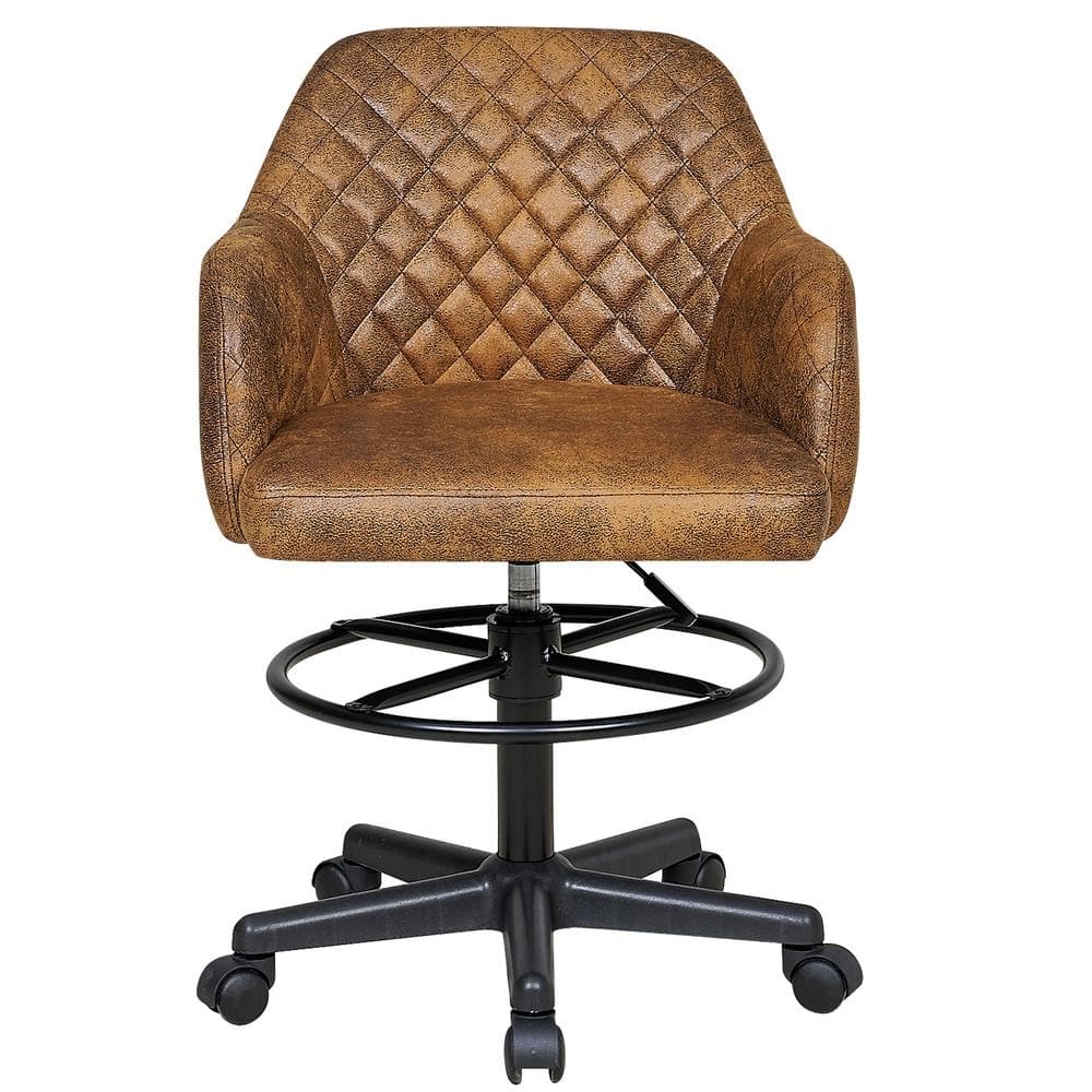 Faux Leather Swivel Drafting Chair with Adjustable Height and Lumbar Support for Home Office Office Stool, Brown - Thumbnail 4