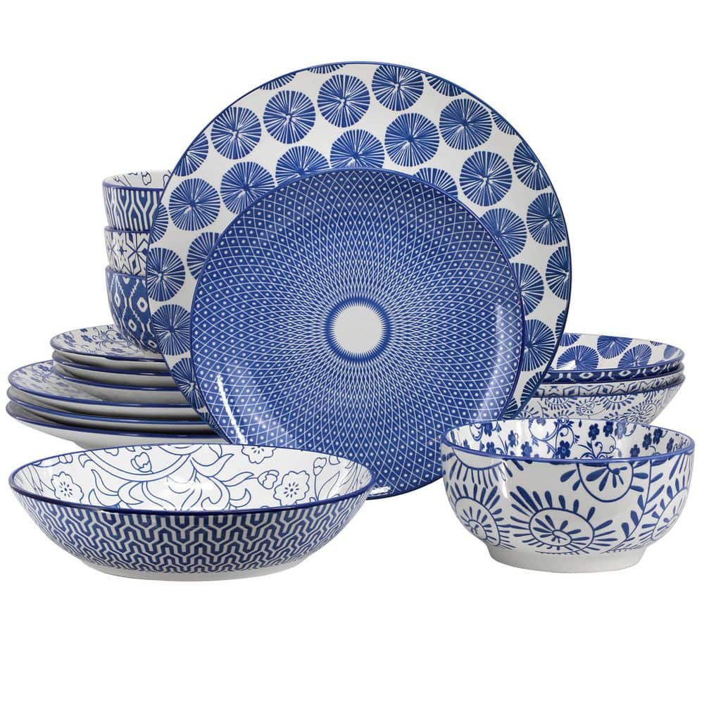 Sophia 16 Piece Assorted Stoneware Double Bowl Dinnerware Set in Blue