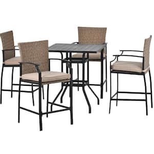 5-Piece PE Wicker Square Counter Height Outdoor Dining Set with 4 Dining Chairs, Cushions &Table for Indoor Patio Garden