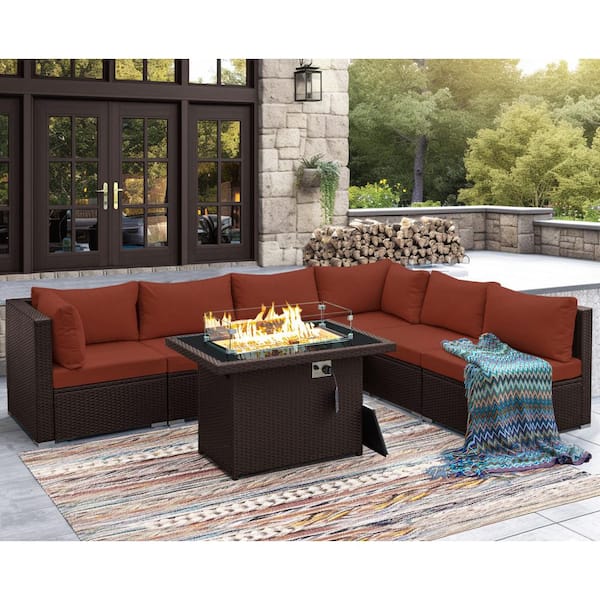 Unbranded High Back Brown 7-Piece Wicker Patio Conversation Sectional Deep Seating Set with Fire Pit Table and Red Cushions