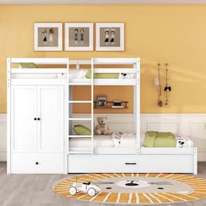 White Twin Over Twin Multi-function Wood Bunk Bed with Ladder, Wardrobe, Big Drawer, Storage Shelves and Trundle