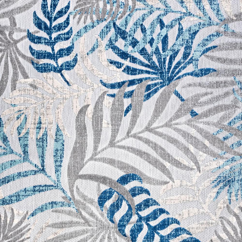 Gray and Blue Palm Leaves Indoor/Outdoor Area Rug