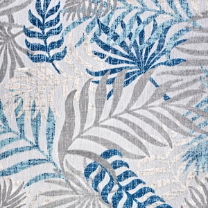 Tropics Gray/Blue 5 ft. Palm Leaves Square Indoor/Outdoor Area Rug