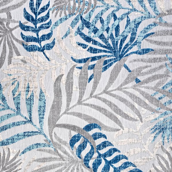 Tropics Gray/Blue 5 ft. Palm Leaves Square Indoor/Outdoor Area Rug