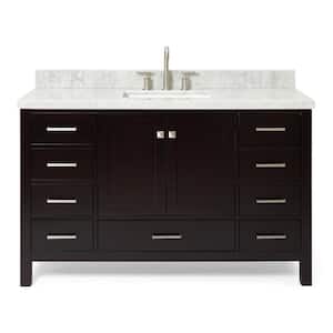 Cambridge 55 in. W x 22 in. D x 36 in. H Bath Vanity in Espresso with Carrara White Marble Top