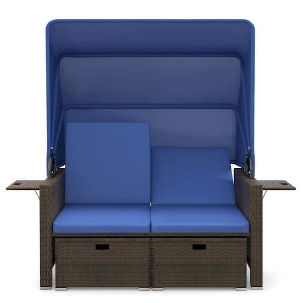 Wicker Outdoor Patio Rattan Adjustable Backrests Day Bed with Retractable Canopy and Navy Cushions